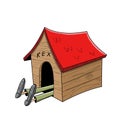 Man sleeping in wooden doghouse