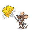 Cute small mouse eating cheese with a fork