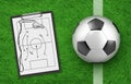 Soccer tactic, football ball and clipboard stadium