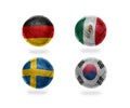 Soccer team group F. football balls with national flags of germany, mexico, sweden, south korea