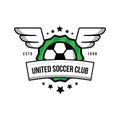 Soccer team logo with a ball and wings on a green background.Badge football team. Ball, stars, wings, shield, green lawn Royalty Free Stock Photo