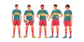 Soccer team players. Cartoon male characters in uniform standing together, group of active guys in sport clothes. Vector