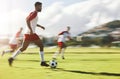 Soccer, team training and men sports game teamwork competition on field. Healthy football collaboration, running fitness Royalty Free Stock Photo