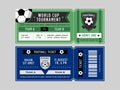 Soccer ticket. Football match entry pass with soccer ball emblem, sport event vector design template