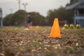 Soccer training cone on grass field. Royalty Free Stock Photo