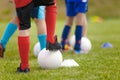 Soccer training drill for kids. Legs of football players attending soccer class. Children playing sports outdoor. School kids in Royalty Free Stock Photo