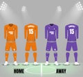 Soccer uniforms in orange and purple tone for home and away team