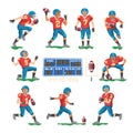 Soccer vector footballer or soccerplayer character in sportswear playing with soccerball on football pitch illustration