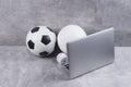 Soccer, volleyball and baseball ball and grey laptop on grey background. Online workout concept. Green color filter
