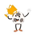 Soccer winner retro mascot. Football ball groovy character with cup. Cartoon sport equipment isolated on white background. Royalty Free Stock Photo