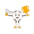 Soccer winner retro mascot. Football ball groovy character with cup and medal. Cartoon sport equipment isolated on white Royalty Free Stock Photo