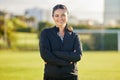 Soccer woman and coach portrait on field for match game in Mexico with optimistic and joyful smile. Proud, happy and