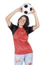 Soccer woman fan with ball in hands Royalty Free Stock Photo