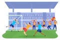 Soccers football players kicking ball into gates on green field tadium flat vector illustration, people professional