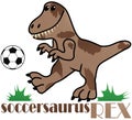 Soccersaurus Rex Soccer Playing Dinosuar Isolated on White with Clipping Path Sublimation Design for Kids Royalty Free Stock Photo