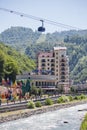 SOCHI, ADLER DISTRICT, KRASNODAR TERRITORY, RUSSIA July 16, 2021: Mountain Olympic Village on Rosa Khutor, Krasnaya