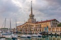 Sochi Marine Station and the marina next to it on a cloudy day. Sunset on a cloudy day Royalty Free Stock Photo