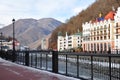 Sochi, Rosa Khutor, Russia - December 16, 2017: Ski resort Rosa Khutor. Hotels on the embankment of the Mzymta river