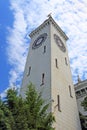 Perspective of the clock tower of the railway station on a summer day in Sochi