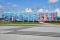 Sochi, Russia, August, 10, 2019. Flags in front of the ice palace `iceberg` in the summer. Sochi, Adler, Olympic Park