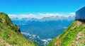 suspension bridge in Krasnaya Polyana and a view of the Caucasus Mountains in summer - panorama