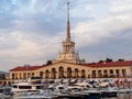 View of the seaport building in Sochi at sunset Royalty Free Stock Photo