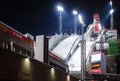 Snowy ski jumps RusSki Gorki in Sochi, Russia Royalty Free Stock Photo