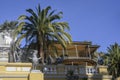 A fragment of the arboretum building in Sochi with sculptures and a palm tree