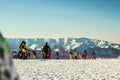 Sochi, Russia People skiing and snowboarding on ski resort Rosa Khutor Royalty Free Stock Photo