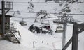 Skiers climb the cable car at the Krasnaya Polyana ski resort