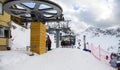 Skiers climb the cable car at the Krasnaya Polyana ski resort