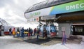 Skiers climb the cable car at the Krasnaya Polyana ski resort