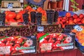 Sochi, Russia - July 26, 2008: Various ripe fresh fruits and berries sell at a street market. Shopdoard view