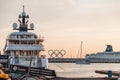 SOCHI, RUSSIA - June 5, 2018: motor ship and the symbol of the five rings Olympics