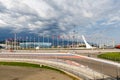 SOCHI, RUSSIA - JUNE 14: Olympic Torch with fountains in Olympic park in the background. Sochi, Russia