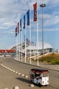 SOCHI, RUSSIA - JUNE 14: Olympic Torch with fountains in Olympic park in the background. Sochi, Russia