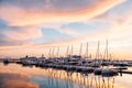 SOCHI, RUSSIA - June 5, 2018: Sailing Yachts And Private Boats Moored At Pier In Sochi Seaport at sunset. Grand Marina Station Co