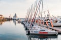 SOCHI, RUSSIA - June 5, 2018: Sailing Yachts And Private Boats Moored At Pier In Sochi Seaport at sunset. Grand Marina Station Co Royalty Free Stock Photo