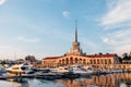 SOCHI, RUSSIA - June 5, 2018: Seaport with luxury yachts in Black sea at sunset Royalty Free Stock Photo