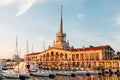 SOCHI, RUSSIA - June 5, 2018: Seaport with luxury yachts in Black sea at sunset Royalty Free Stock Photo