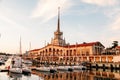 SOCHI, RUSSIA - June 5, 2018: Seaport with luxury yachts in Black sea at sunset Royalty Free Stock Photo