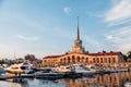 SOCHI, RUSSIA - June 5, 2018: Seaport with luxury yachts in Black sea at sunset Royalty Free Stock Photo