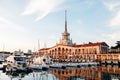 SOCHI, RUSSIA - June 5, 2018: Seaport with luxury yachts in Black sea at sunset Royalty Free Stock Photo