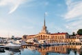 SOCHI, RUSSIA - June 5, 2018: Seaport with luxury yachts in Black sea at sunset Royalty Free Stock Photo