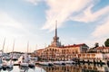 SOCHI, RUSSIA - June 5, 2018: Seaport with luxury yachts in Black sea at sunset Royalty Free Stock Photo