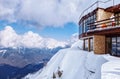 Observation deck of Vershina mountain restaurant in Gorky Gorod resort fronts onto beautiful Caucasus mountain winter sceneries