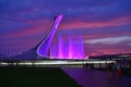 Sochi, Russia - May 29. 2018. Bowl of Olympic flame Firebird and Fountain in Olympic park in the evening