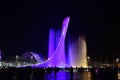 Sochi, Russia - May 29. 2018. Bowl of Olympic flame Firebird and singing Fountain in Olympic park in the evening