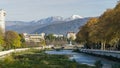 Beautiful autumn view of Sochi river, embankment with big American Sycamore Tree Platanus occidentalis Royalty Free Stock Photo