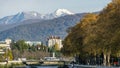 Beautiful autumn view of Sochi river, embankment with big American Sycamore Tree Platanus occidentalis Royalty Free Stock Photo